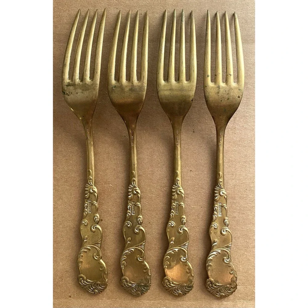 Vintage Waldo HE Gold Tone Brass Dinner Forks Lot of 4 Rococo Scroll Flatware 7